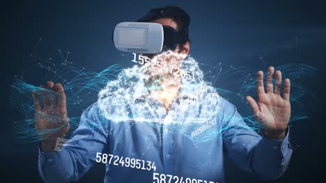 Animation-of-increasing-numbers-over-caucasian-man-wearing-vr-headset-and-diverse-data