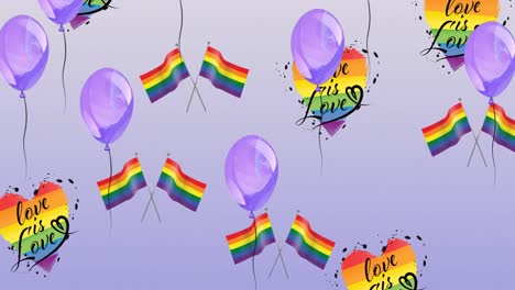 Animation-of-ballons-over-rainbow-hearts-and-flags-on-pink-background