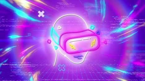 Animation-of-head-with-vr-headset-over-purple-and-blue-lights-in-digital-space