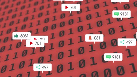 Animation-of-social-media-icons-floating-over-binary-coding-on-red-background