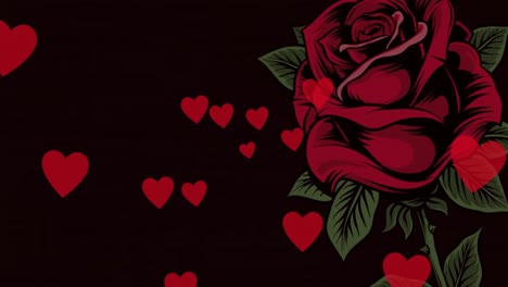 Animation-of-hearts-floating-and-rose-on-black-background
