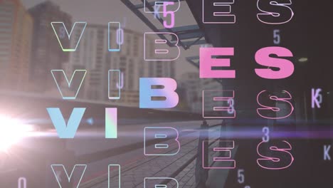 Animation-of-changing-numbers-and-letters-and-good-vibes-only-over-cityscape