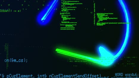 Animation-of-green-and-blue-lights-over-data-processing-on-black-background
