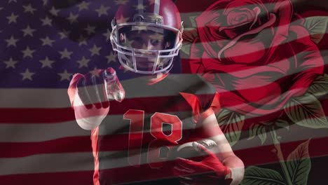 Animation-Der-US-Flagge-Und-Rose-über-Einem-American-Football-Spieler