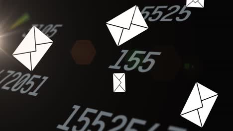 Animation-of-floating-emails-over-changing-numbers-on-black-background