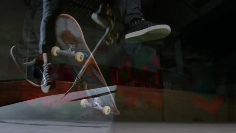 Animation-Der-Beine-Eines-Skateboarders-über-Einem-Anderen-Skateboarder,-Der-Im-Hintergrund-Springt
