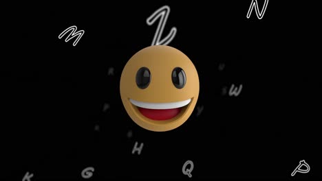 Animation-of-smiley-emoji-icon-floating-over-letters-on-black-background