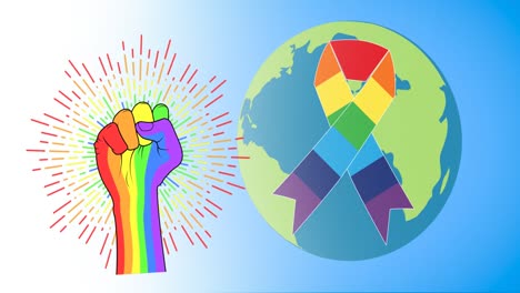 Animation-of-rainbow-fist-with-rainbow-ribbon-and-globe-on-blue-background