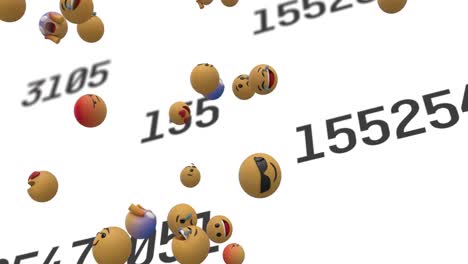 Animation-of-emoji-icons-floating-and-numbers-changing-on-white-background