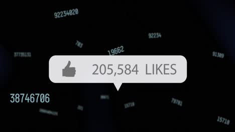 Animation-of-social-media-like-icon-floating-over-changing-numbers-on-black-background