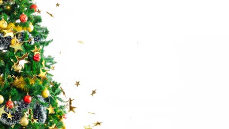 Golden-stars-floating-against-christmas-tree-and-stack-of-gifts-with-copy-space-on-white-background