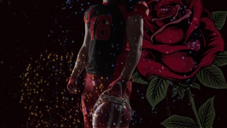 Animation-of-fireworks-and-roses-over-american-football-player-on-black-background