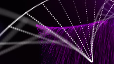 Animation-of-dna-strand-spinning-with-purple-light-trails-over-black-background