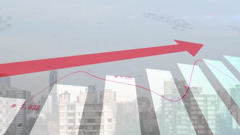 Animation-of-statistics-with-red-arrow-and-financial-data-processing-over-cityscape-in-background