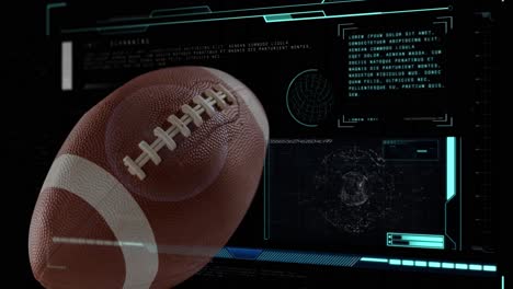 Animation-of-american-football-ball-over-data-processing-on-black-background