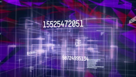 Animation-of-numbers-and-data-processing-over-purple-and-red-network-of-connections