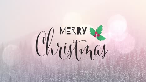 Feliz-Navidad-Texto-Banner-E-Icono-De-Muérdago-Contra-Manchas-De-Luz-Y-Paisaje-Invernal