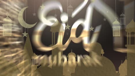 Animation-Von-Eid-Text-über-Stadtbild-Auf-Schwarzem-Hintergrund