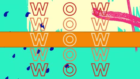 Animation-of-wow-text-repeated-over-shapes-on-green-background