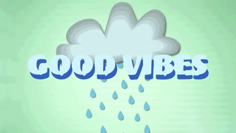 Animation-of-good-vibes-text-over-cloud-with-rain-on-green-background