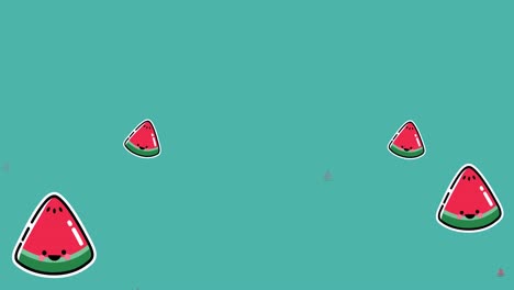Animation-of-falling-watermelon-icons-on-green-background