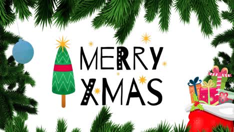Animation-of-christmas-decorations-over-merry-xmas-text