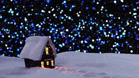 Animation-Von-Schnee,-Der-über-Das-Haus-Fällt,-Und-Leuchtenden-Lichtern