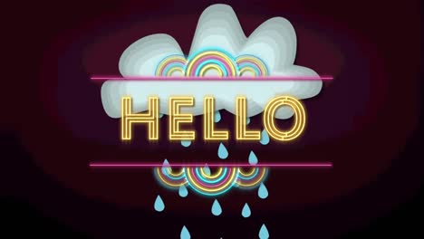 Animation-Von-Hallo-Text-über-Wolke-Mit-Regen-Auf-Violettem-Hintergrund