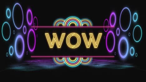 Animation-of-wow-text-over-neon-circles-on-black-background