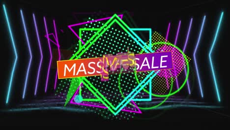 Animation-Von-Massivem-Verkaufstext-über-Neonformen-Auf-Schwarzem-Hintergrund
