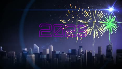 Animation-of-2023-text-over-cityscape-and-fireworks