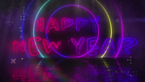 Animation-of-happy-new-year-text-over-neon-circles-on-black-background