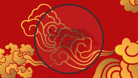 Animation-of-level-up-text-over-shapes-on-red-background
