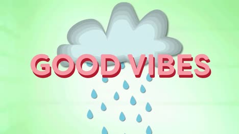 Animation-of-good-vibes-text-over-cloud-with-rain-on-green-background
