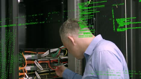 Animation-of-data-processing-over-caucasian-man-in-server-room