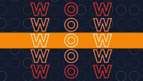 Animation-of-wow-text-repeated-over-colorful-circles-on-black-background
