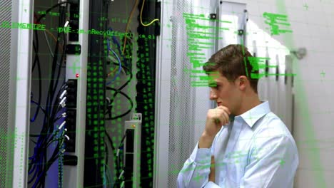 Animation-of-data-processing-over-caucasian-man-in-server-room