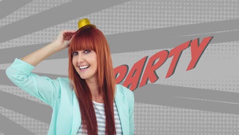 Animation-of-party-text-over-caucasian-woman-with-party-hat