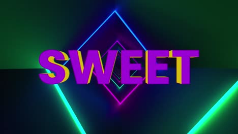 Animation-of-sweet-text-over-neon-shapes-on-green-background