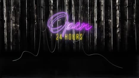 Animation-of-open-24-hours-text-over-lines-on-black-background