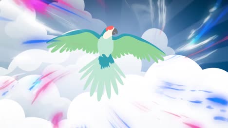 Animation-Von-Papageien-Und-Lichtspuren-über-Dem-Himmel-Mit-Wolken