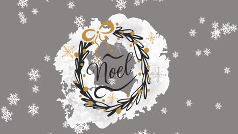 Animation-of-noel-text-over-christmas-decoration-and-snowflakes-on-grey-background