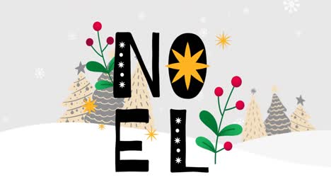 Animation-of-noel-text-with-christmas-trees