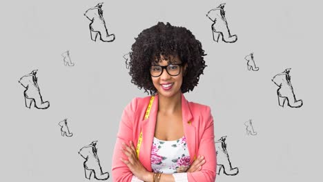 Animation-of-shoes-icons-and-african-american-female-fashion-designer-on-green-background