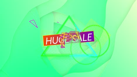 Animation-of-huge-sale-text-over-shapes-on-green-background