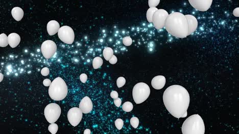 Animation-of-flying-white-balloons-and-lights-over-black-background