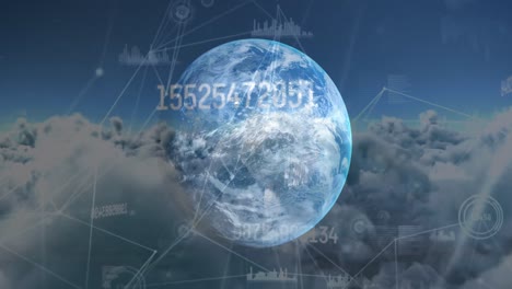 Multiple-changing-numbers-and-network-of-connections-against-globe-and-clouds-in-the-sky