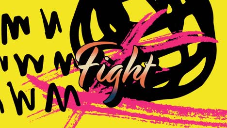 Animation-of-fight-text-over-shapes-on-yellow-background