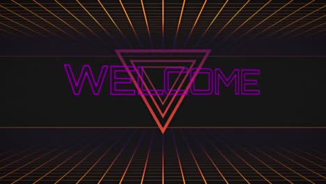 Animation-of-welcome-text-over-interference-and-neon-triangels-on-black-background