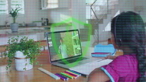 Animation-of-digital-padlock-with-biracial-girl-having-school-video-call
